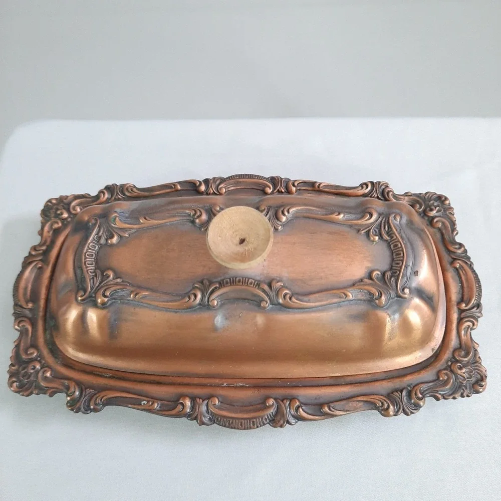Vintage Copper Covered Butter Dish with Glass Insert Lid Ornate Cottagecore